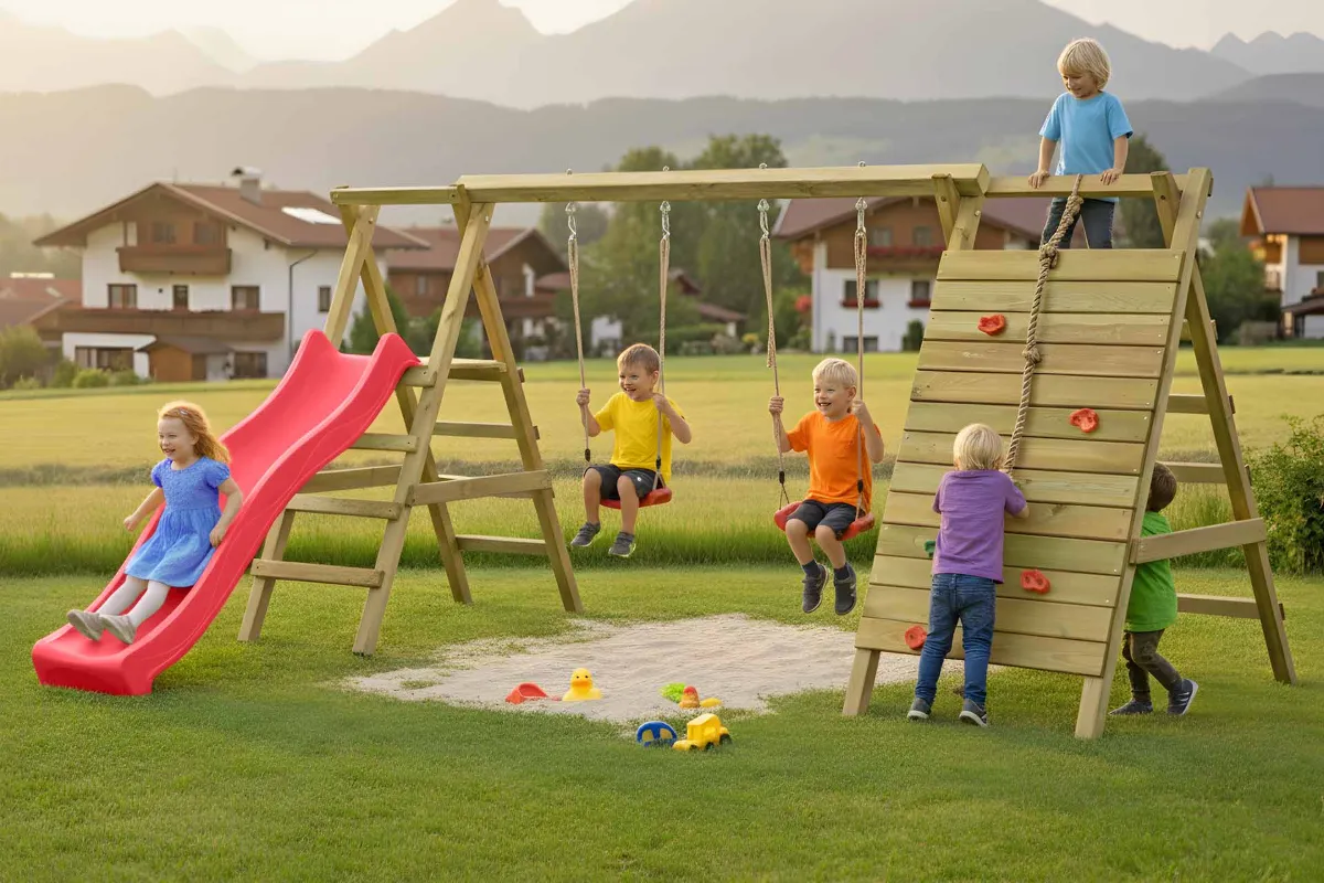 Doppelschaukel Anna mit Kletternetz Sprossenleiter und roter Rutsche