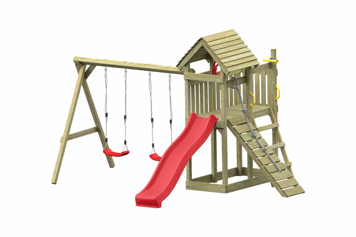 Spielturm Cris Fun mit Kletterrampe roter Rutsche und Doppelschaukel