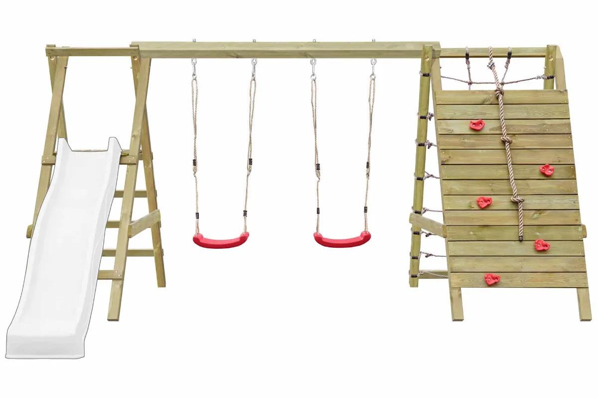 Gartenpirat Doppelschaukel Sarah mit Kletternetz Kletterwand und Podest