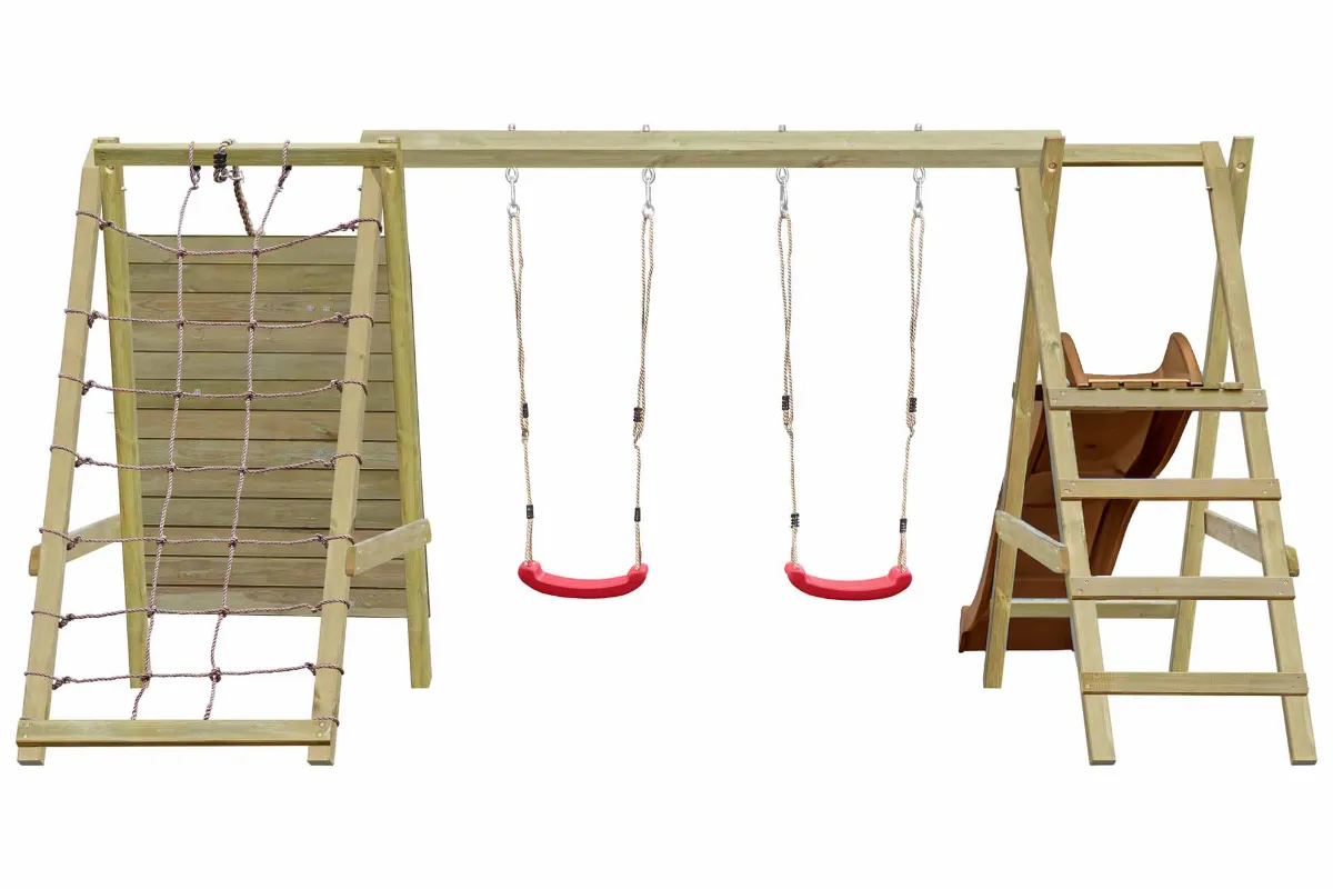Gartenpirat Doppelschaukel Sarah mit Kletternetz Kletterwand und brauner Rutsche
