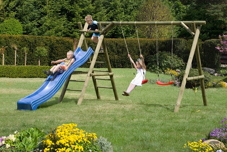 B-Ware Classic Schaukelgestell 310x190x220 cm Kiefer KDI Doppelschaukel mit Kletterleiter Podest und Rutsche 290 cm blau