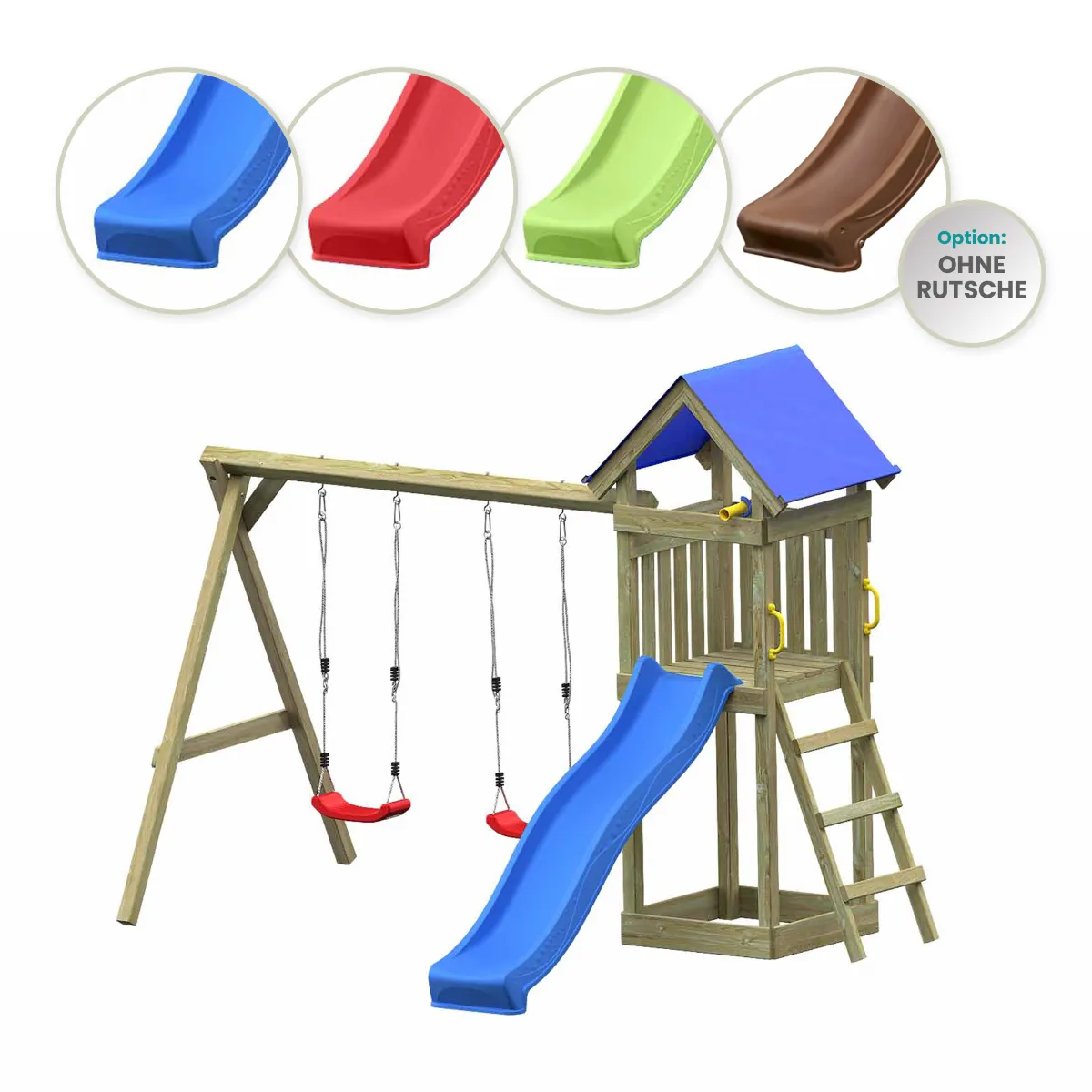 Spielturm Julia Fun mit roter Rutsche und Doppelschaukel