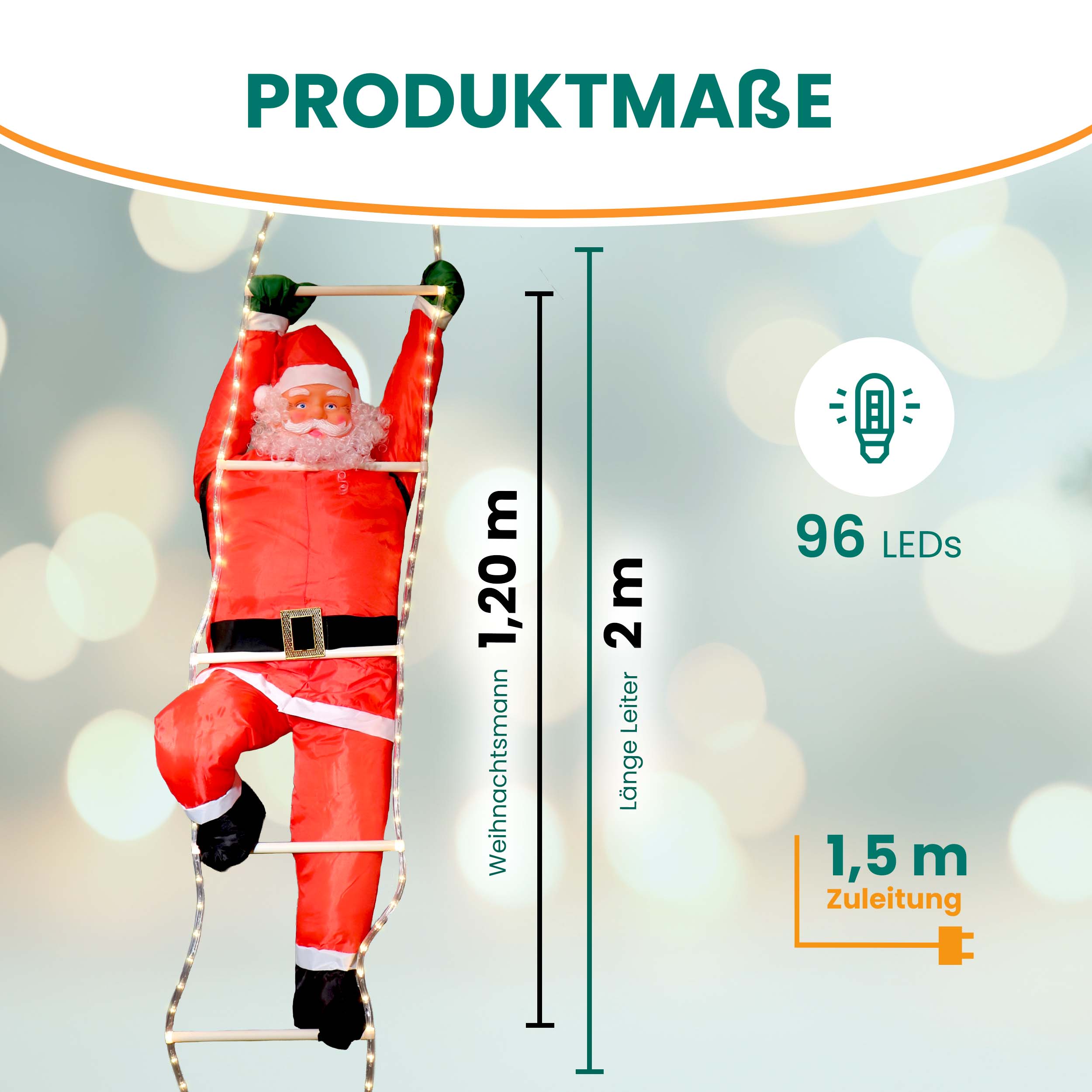 Weihnachtsmann 120/200 cm auf Leiter mit LED beleuchtet für außen