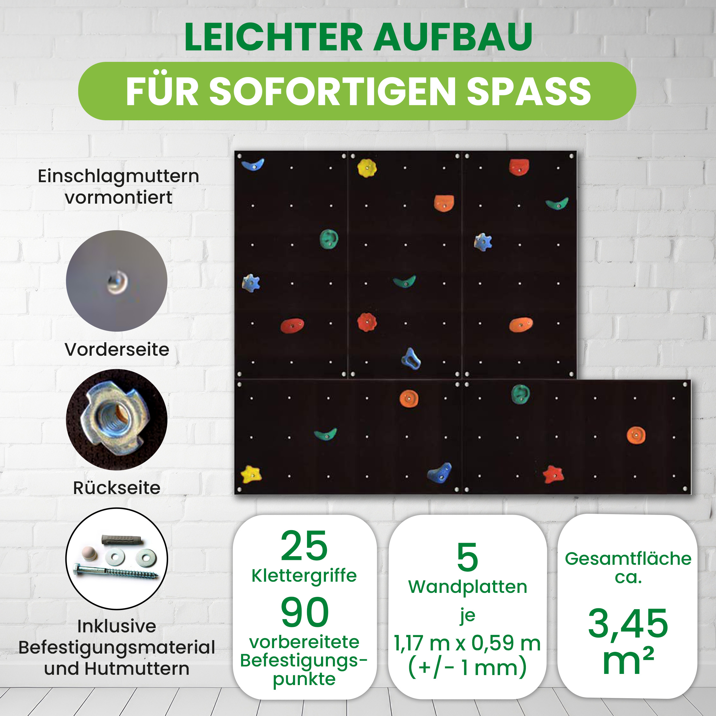 Kletterwand Outdoor mit bunten Klettersteinen und Montagematerial für Kinder und Erwachsene