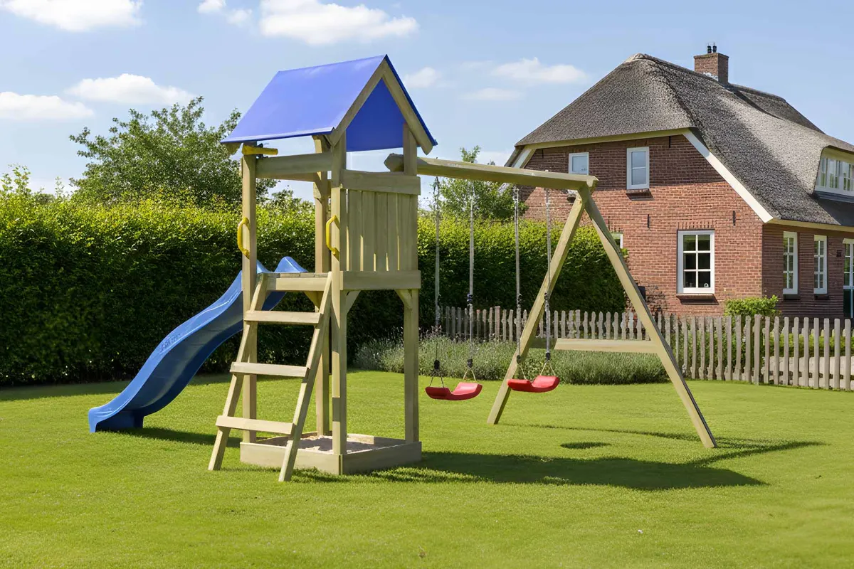 Spielturm Julia Fun mit roter Rutsche und Doppelschaukel