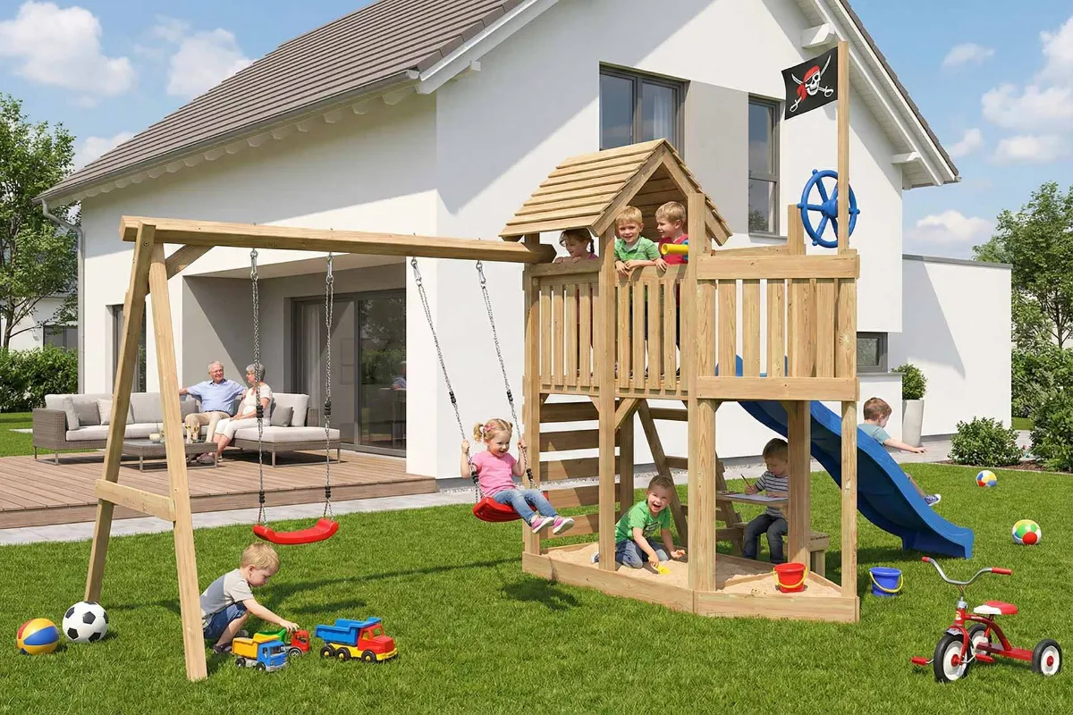 Spielturm Mia Abenteuer mit blauer Rutsche Doppelschaukel und Kletterwand