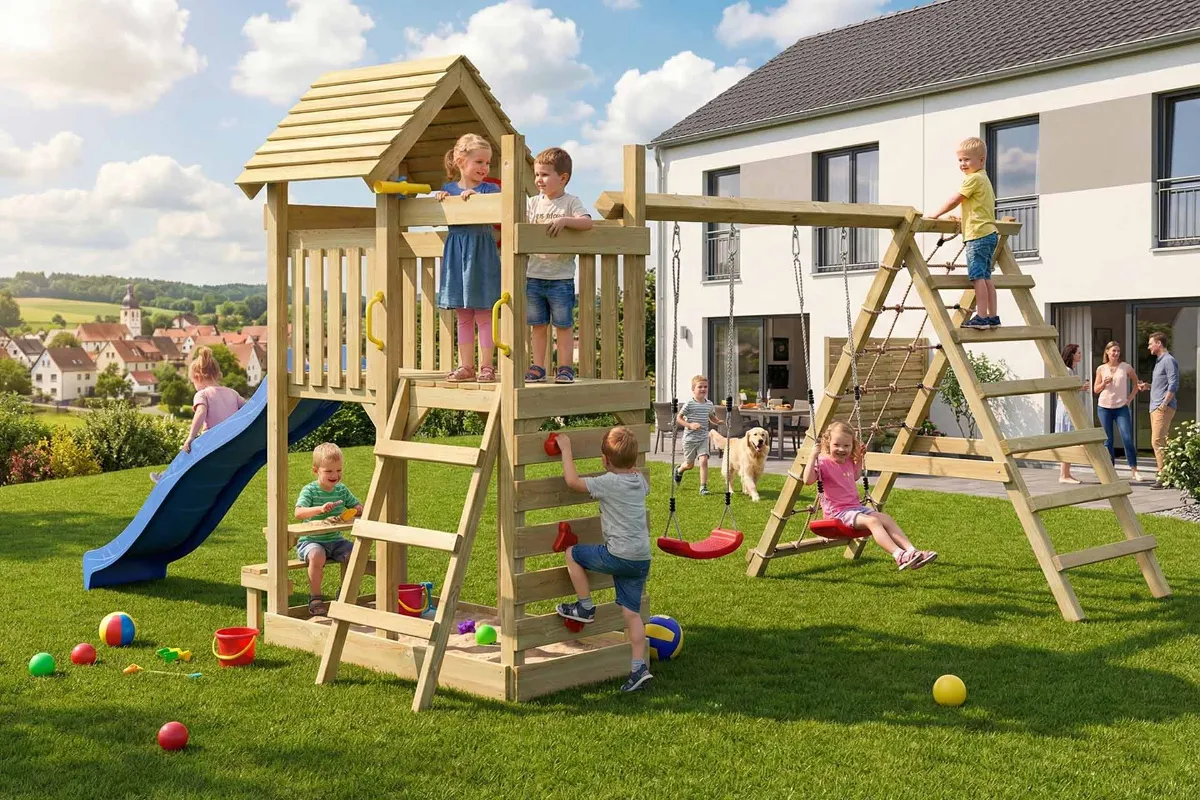 Spielturm Andrea Max mit Doppelschaukel Kletterwand und Kletternetz