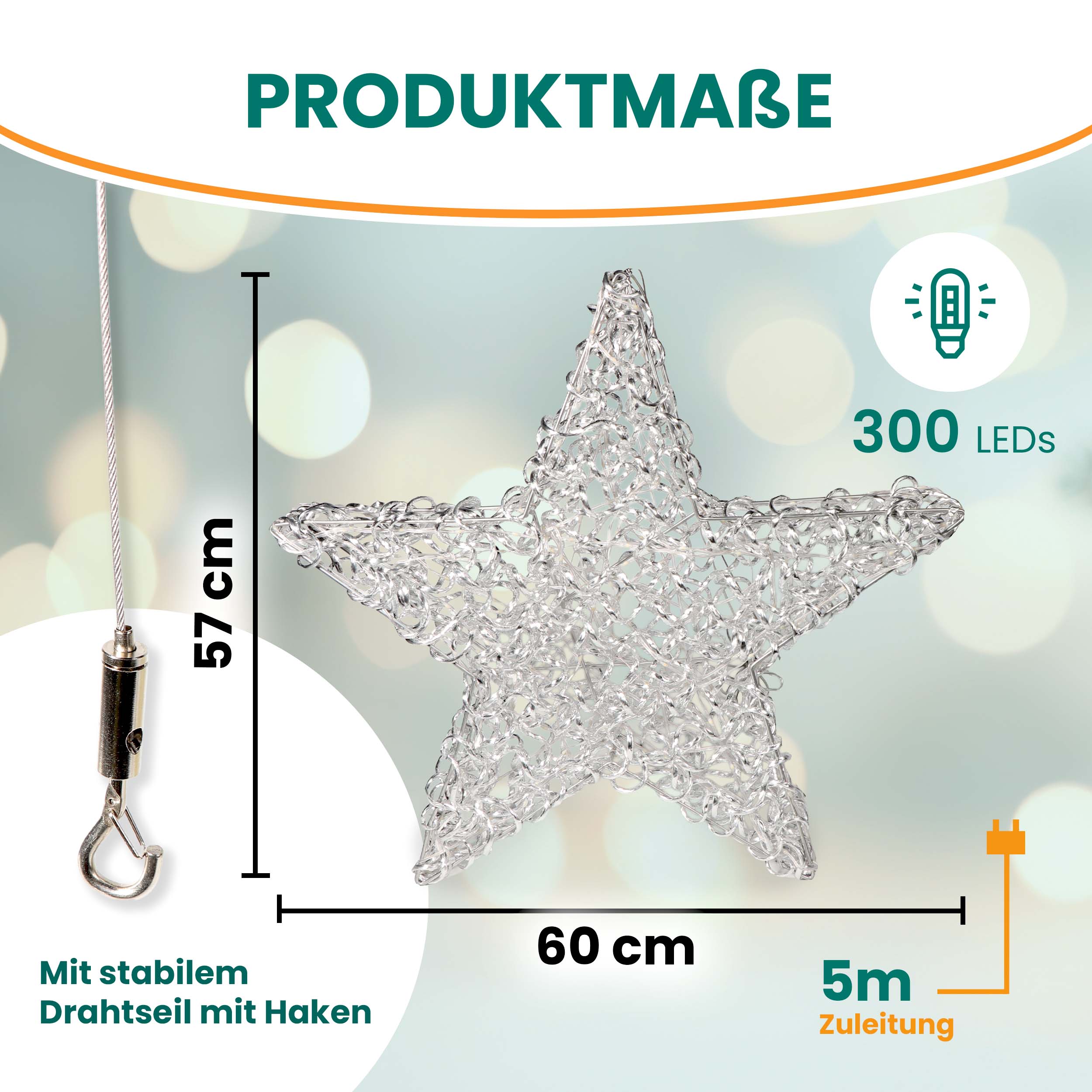 Aluminiumstern XXL Ø 60 cm mit 300 LED warmweiß Timer-Funktion IP44 