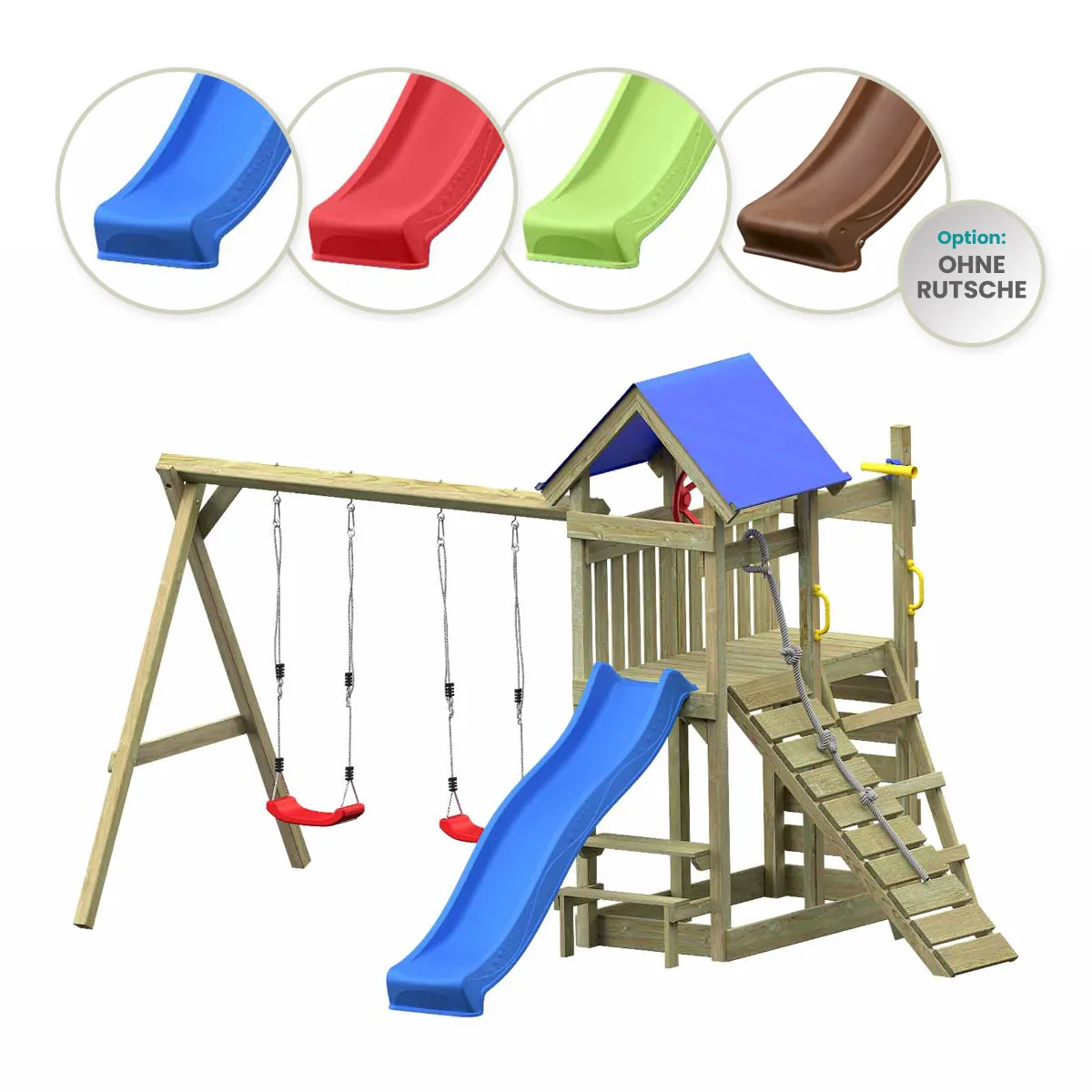Spielturm Susi Abenteuer mit Kletterrampe Kletterwand und Doppelschaukel