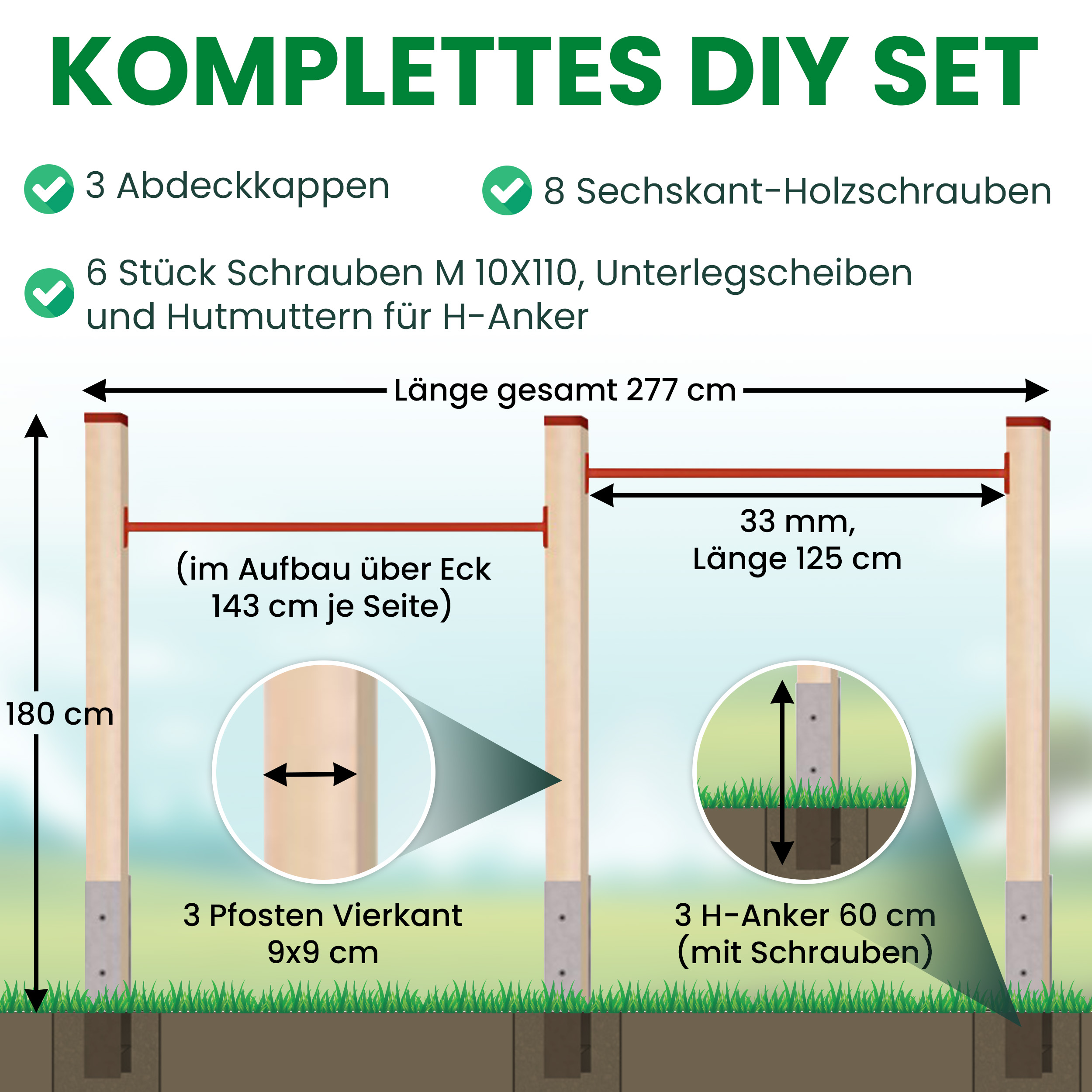 Turnreck aus Kantholz Kiefer imprägniert mit Reckstange rot und  H-Anker