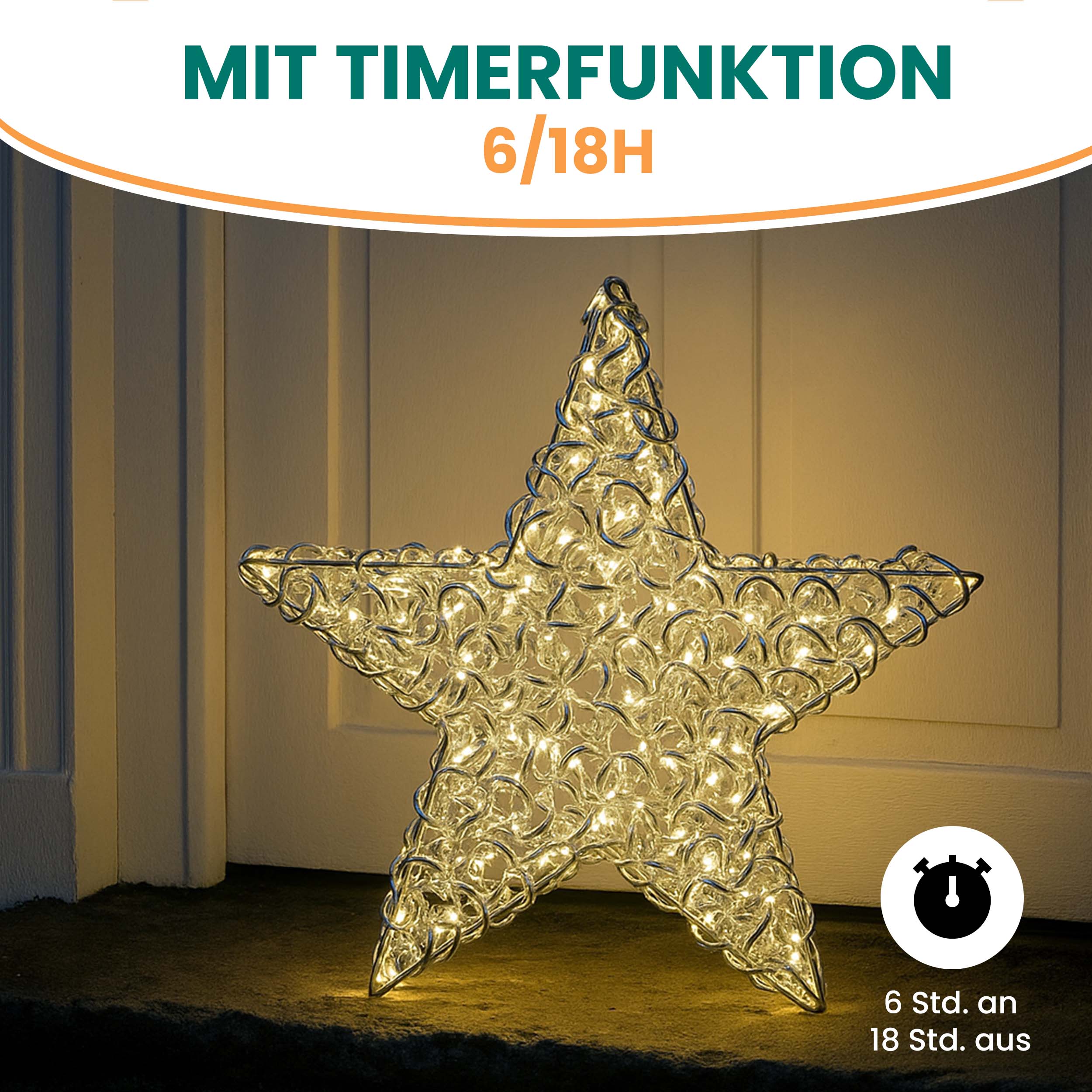 Aluminiumstern XXL Ø 60 cm mit 300 LED warmweiß Timer-Funktion IP44 
