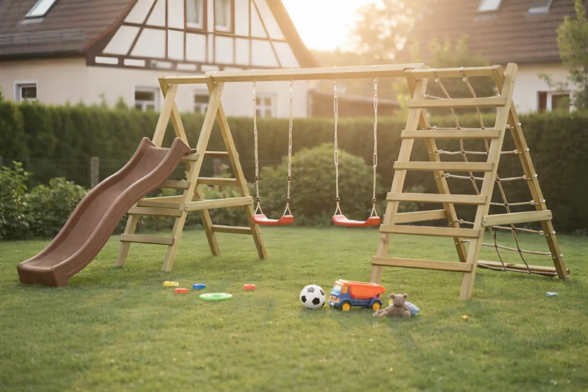 Gartenpirat Doppelschaukel Jana mit Kletternetz Sprossenleiter und  brauner Rutsche