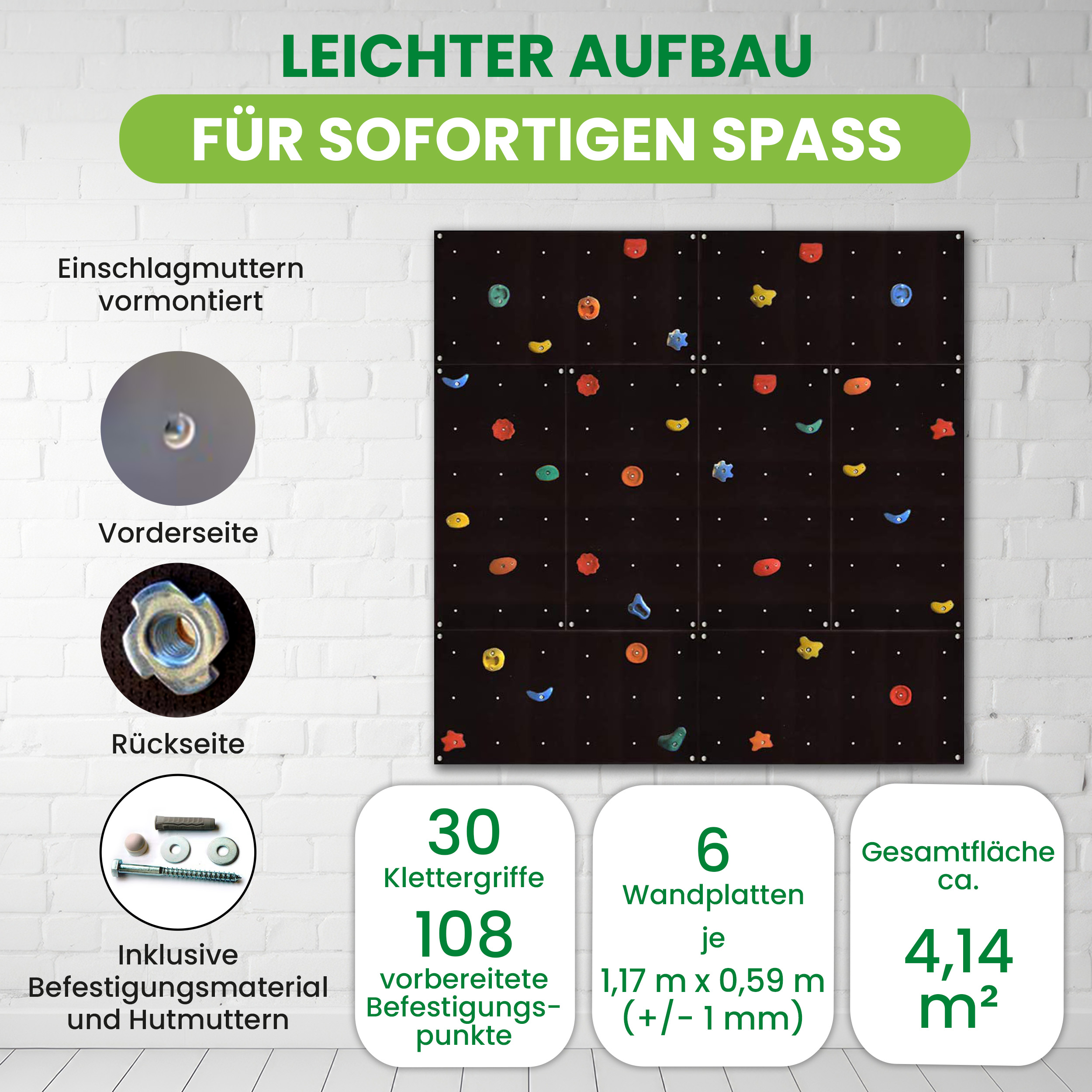 Kletterwand Outdoor mit bunten Klettersteinen und Montagematerial für Kinder und Erwachsene